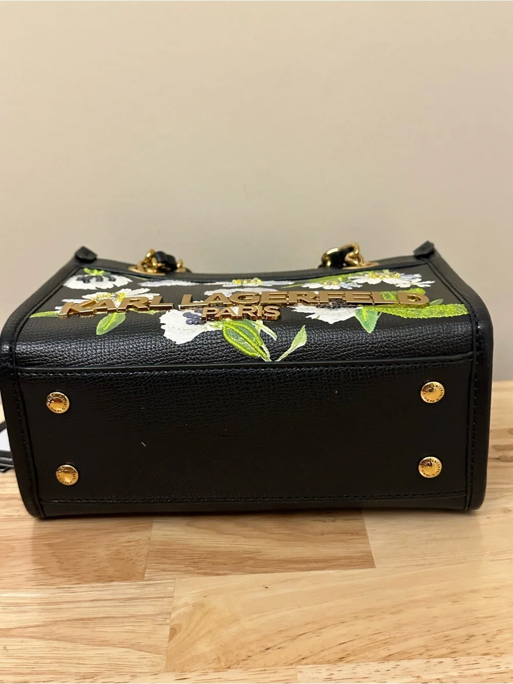 Karl Lagerfeld Black Floral Embroidered Satchel with Gold Chain